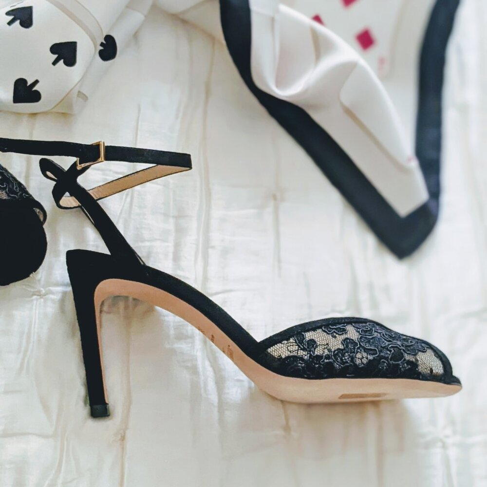 NWT, Jimmy Choo Sacora 85 Black Suede and Lace Peep Toe Ankle Strap Sandals - Picture 7 of 13
